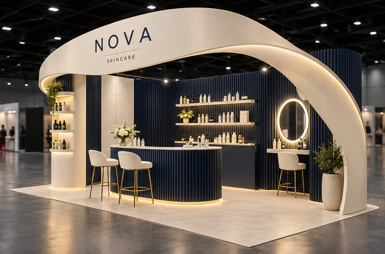 An angled view of the fictional NOVA booth concept