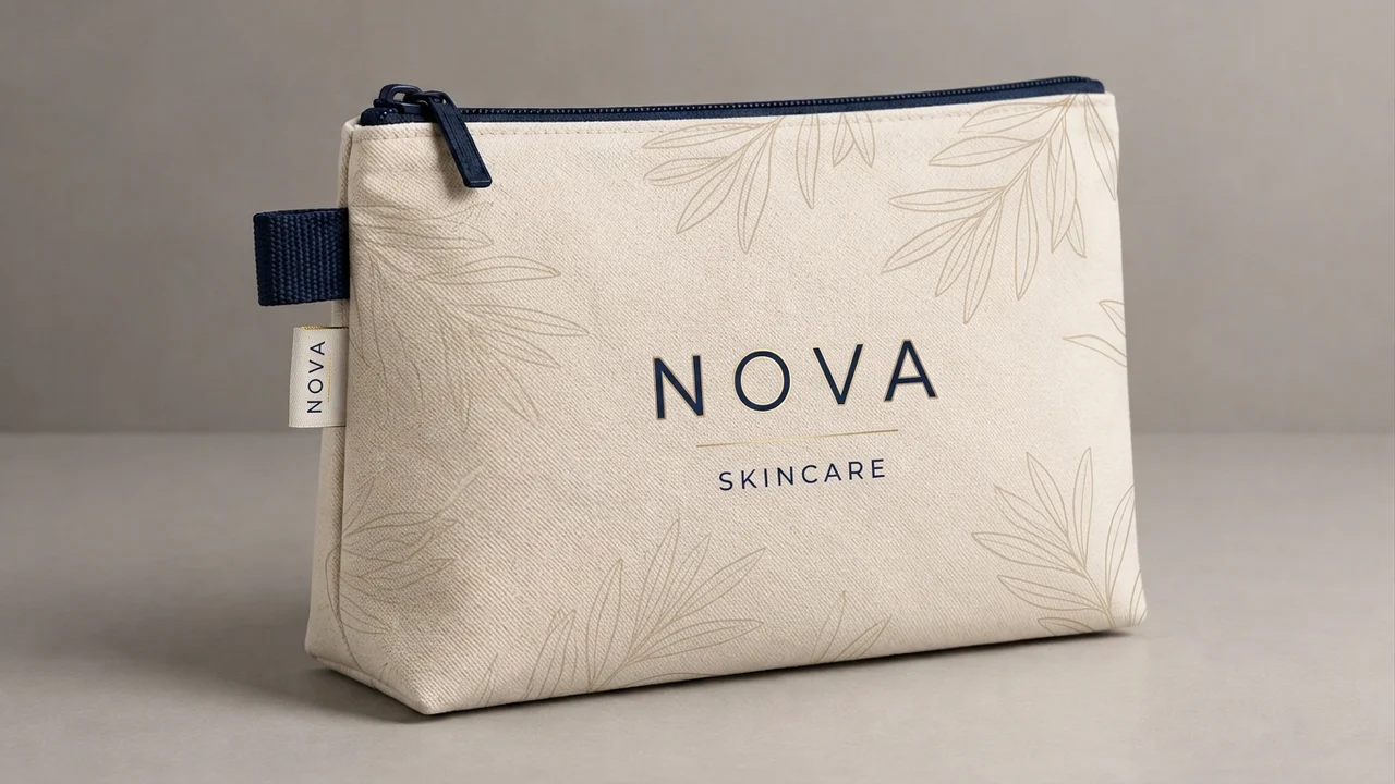 Canvas cosmetic pouch with fictional NOVA branding