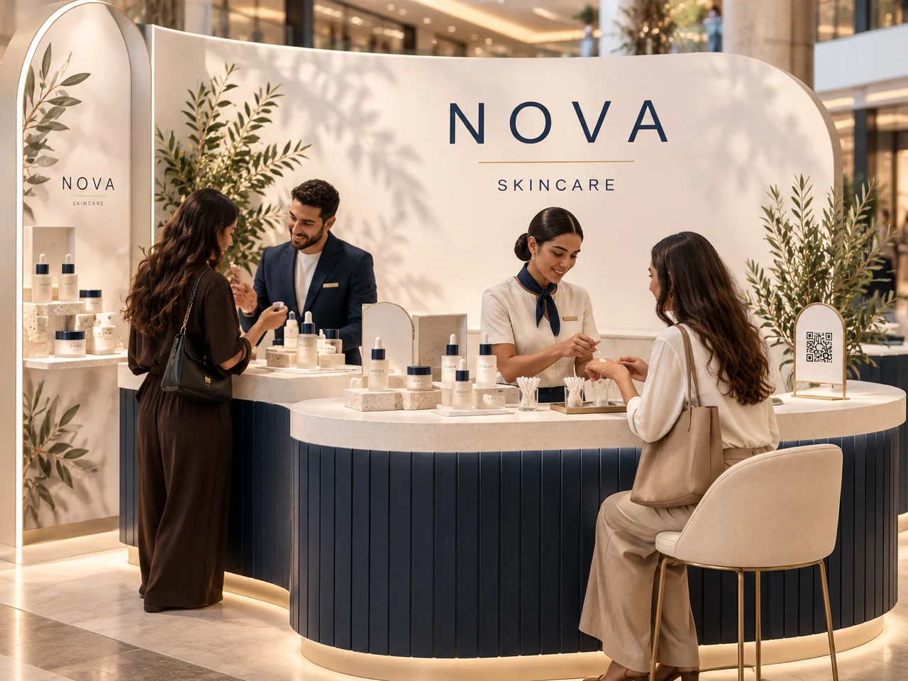 NOVA skincare sampling activation concept with a curved demonstration counter