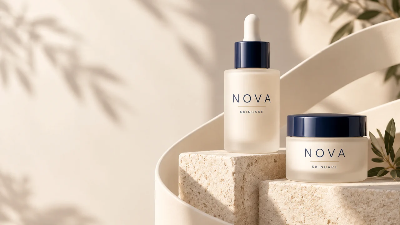 NOVA skincare product concept on a warm stone display