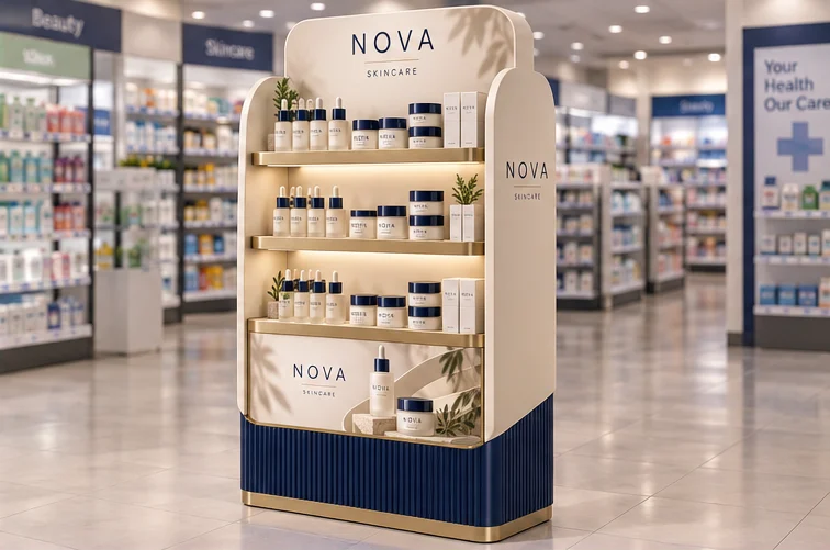 NOVA branded freestanding skincare retail display